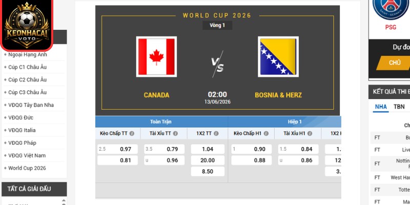 Kèo châu Á trận Canada vs Bosnia 02:00 ngày 13/06 (Bảng B - World Cup)