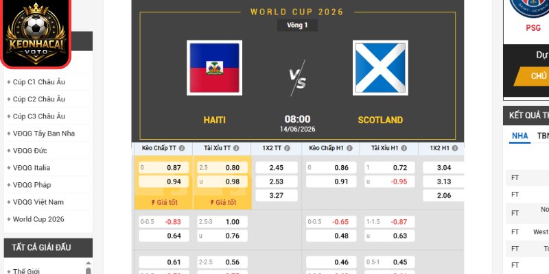 Kèo châu Á trận Haiti vs Scotland 08:00 ngày 14/06 (Bảng C - World Cup)