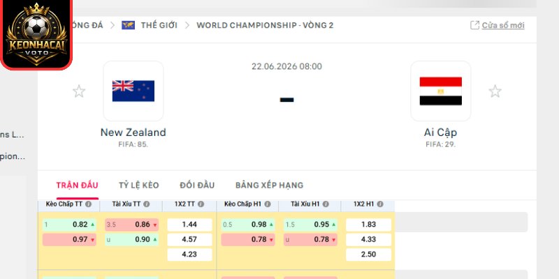 Kèo châu Âu trận New Zealand vs Ai Cập 08:00 ngày 22/06 (Bảng G - World Cup)