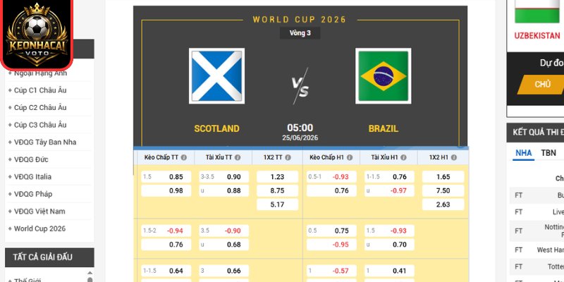Kèo châu Âu trận Scotland vs Brazil 05:00 ngày 25/06 (Bảng C - World Cup)