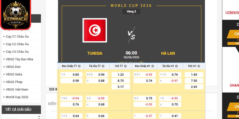 Kèo châu Âu trận Tunisia vs Hà Lan 06:00 ngày 26/06 (Bảng F - World Cup)